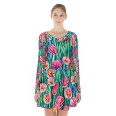 Blossom-filled Watercolor Flowers Long Sleeve Velvet V-neck Dress by GardenOfOphir