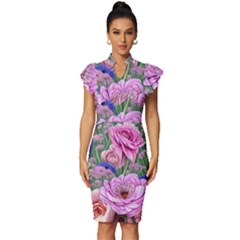 Broken And Budding Watercolor Flowers Vintage Frill Sleeve V-neck Bodycon Dress by GardenOfOphir