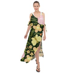 Flowers Rose Blossom Pattern Creative Motif Maxi Chiffon Cover Up Dress by Ravend