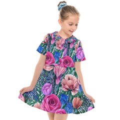 Bright And Brilliant Watercolor Flowers Kids  Short Sleeve Shirt Dress by GardenOfOphir