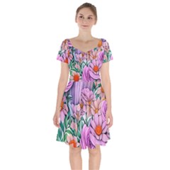 Bright And Brilliant Bouquet Short Sleeve Bardot Dress by GardenOfOphir