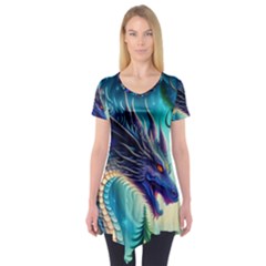 Ai Generated Dragon Fractal Art Texture Short Sleeve Tunic  by Ravend