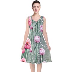 Pure And Radiant Watercolor Flowers V-neck Midi Sleeveless Dress  by GardenOfOphir