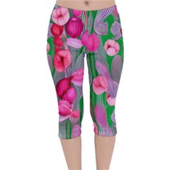 Mysterious And Enchanting Watercolor Flowers Velvet Capri Leggings  by GardenOfOphir