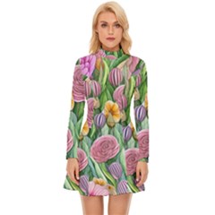 Delicate And Dazzling Watercolor Flowers Long Sleeve Velour Longline Dress by GardenOfOphir