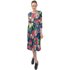 Exquisite Watercolor Flowers Ruffle End Midi Chiffon Dress by GardenOfOphir