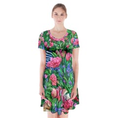 Dazzling Watercolor Flowers Short Sleeve V-neck Flare Dress by GardenOfOphir