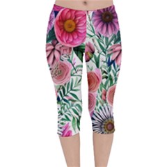 Captivating And Celestial Watercolor Flowers Velvet Capri Leggings  by GardenOfOphir