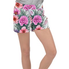 Color-infused Watercolor Flowers Velour Lounge Shorts by GardenOfOphir