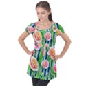 Dazzling Watercolor Flowers Puff Sleeve Tunic Top View1