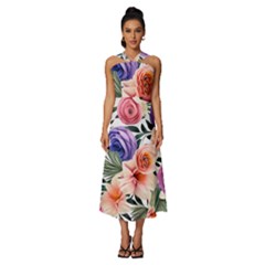 Country-chic Watercolor Flowers Sleeveless Cross Front Cocktail Midi Chiffon Dress by GardenOfOphir