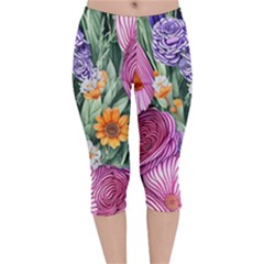 Captivating Watercolor Flowers Velvet Capri Leggings  by GardenOfOphir