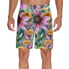 Watercolor Flowers Botanical Foliage Men s Beach Shorts by GardenOfOphir