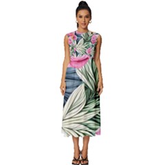 Delightful Watercolor Flowers And Foliage Sleeveless Round Neck Midi Dress by GardenOfOphir