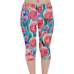 Brilliantly Hued Watercolor Flowers In A Botanical Velvet Capri Leggings  by GardenOfOphir