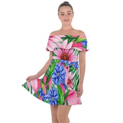 Exotic Tropical Flowers Off Shoulder Velour Dress by GardenOfOphir