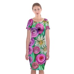 Tropical Flowers Pattern Classic Short Sleeve Midi Dress by GardenOfOphir