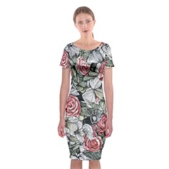 Retro Topical Botanical Flowers Classic Short Sleeve Midi Dress by GardenOfOphir