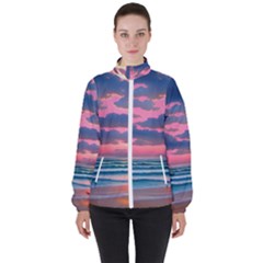 Sunset Over The Beach Women s High Neck Windbreaker by GardenOfOphir