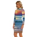 Sunset Beach Waves Long Sleeve Shirt Collar Bodycon Dress View2