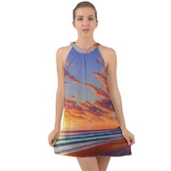 Summer Sunset Over Beach Halter Tie Back Chiffon Dress by GardenOfOphir