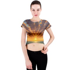 Waves At Sunset Crew Neck Crop Top by GardenOfOphir