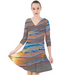 Modern Sunset Over The Ocean Quarter Sleeve Front Wrap Dress by GardenOfOphir