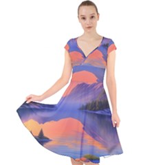 Loveliest Sunset Cap Sleeve Front Wrap Midi Dress by GardenOfOphir