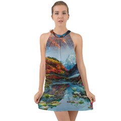 Breathtaking Landscape Scene Halter Tie Back Chiffon Dress by GardenOfOphir