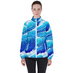 Simple Blue Ocean Wave Women s High Neck Windbreaker by GardenOfOphir