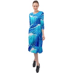 Simple Blue Ocean Wave Ruffle End Midi Chiffon Dress by GardenOfOphir