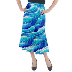 Simple Blue Ocean Wave Midi Mermaid Skirt by GardenOfOphir