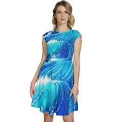 Simple Blue Ocean Wave Cap Sleeve High Waist Dress