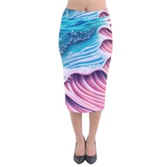 Pink Wave Crashing On The Shore Velvet Midi Pencil Skirt by GardenOfOphir