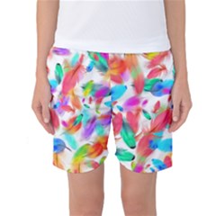 Feathers Pattern Background Colorful Plumage Women s Basketball Shorts by Ravend