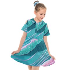 Pink Ocean Waves Kids  Short Sleeve Shirt Dress by GardenOfOphir