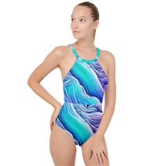 Ocean Waves In Pastel Tones High Neck One Piece Swimsuit