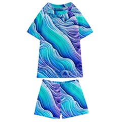 Ocean Waves In Pastel Tones Kids  Swim Tee And Shorts Set by GardenOfOphir