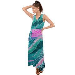 Pink Ocean Waves V-neck Chiffon Maxi Dress by GardenOfOphir