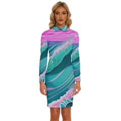 Pink Ocean Waves Long Sleeve Shirt Collar Bodycon Dress by GardenOfOphir