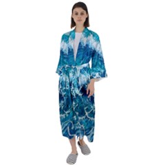 Abstract Blue Ocean Waves Iii Maxi Satin Kimono by GardenOfOphir