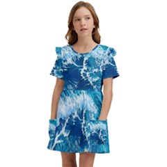 Abstract Blue Ocean Waves Iii Kids  Frilly Sleeves Pocket Dress by GardenOfOphir