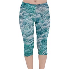 Nature Ocean Waves Velvet Capri Leggings  by GardenOfOphir