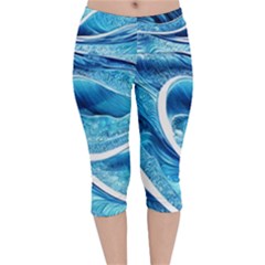 Blue Wave Velvet Capri Leggings  by GardenOfOphir