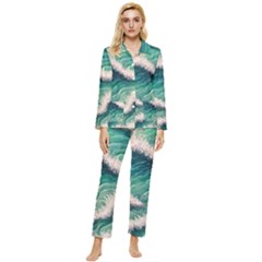 Blue Wave Pattern Womens  Long Sleeve Velvet Pocket Pajamas Set by GardenOfOphir