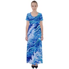 Abstract Blue Wave High Waist Short Sleeve Maxi Dress by GardenOfOphir