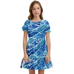 Abstract Blue Wave Kids  Puff Sleeved Dress by GardenOfOphir