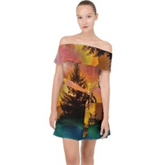 Tree Nature Landscape Fantasy Off Shoulder Chiffon Dress by Ravend