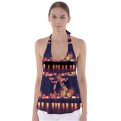 Night Houses River Bokeh Leaves Landscape Nature Babydoll Tankini Top by Ravend