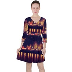 Night Houses River Bokeh Leaves Landscape Nature Quarter Sleeve Ruffle Waist Dress by Ravend